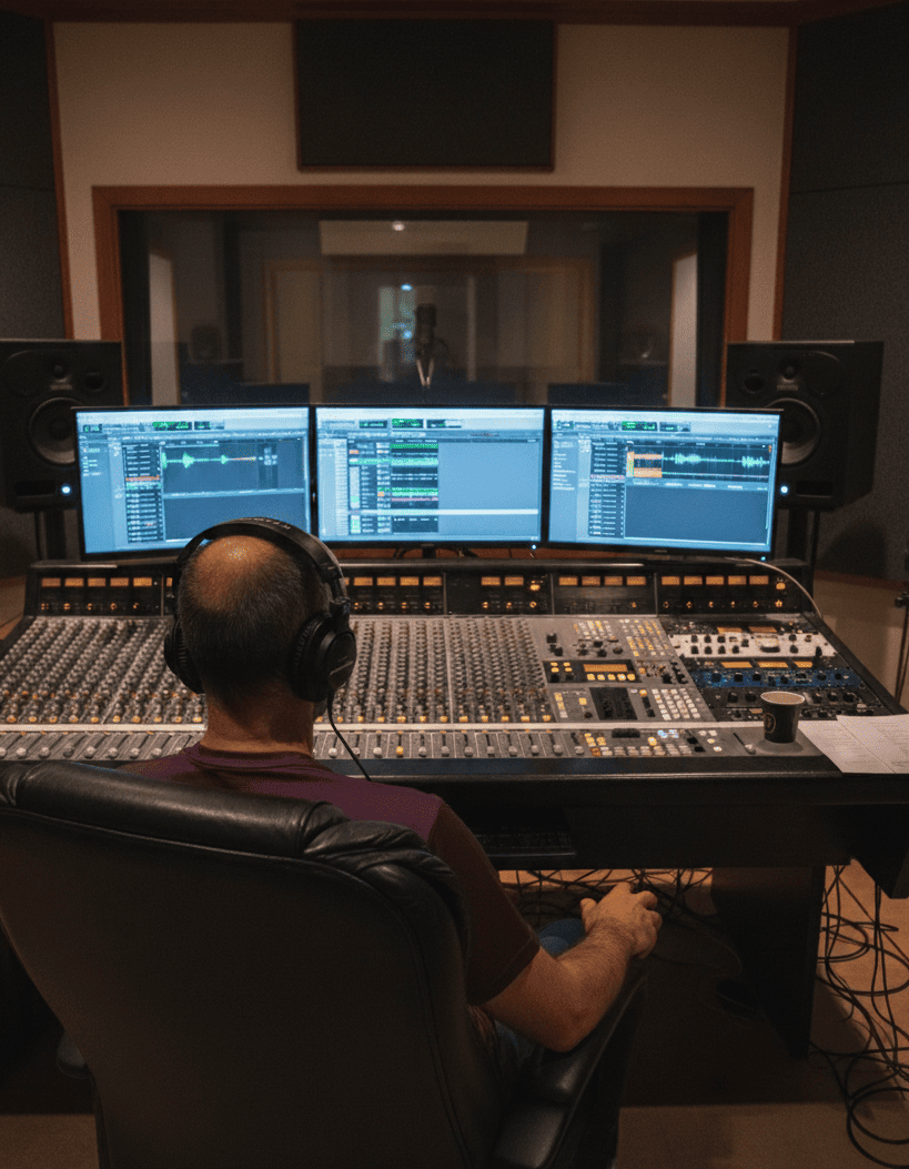 Nuestro compositor principal trabajando en el estudio de grabación para crear tu canción personalizada