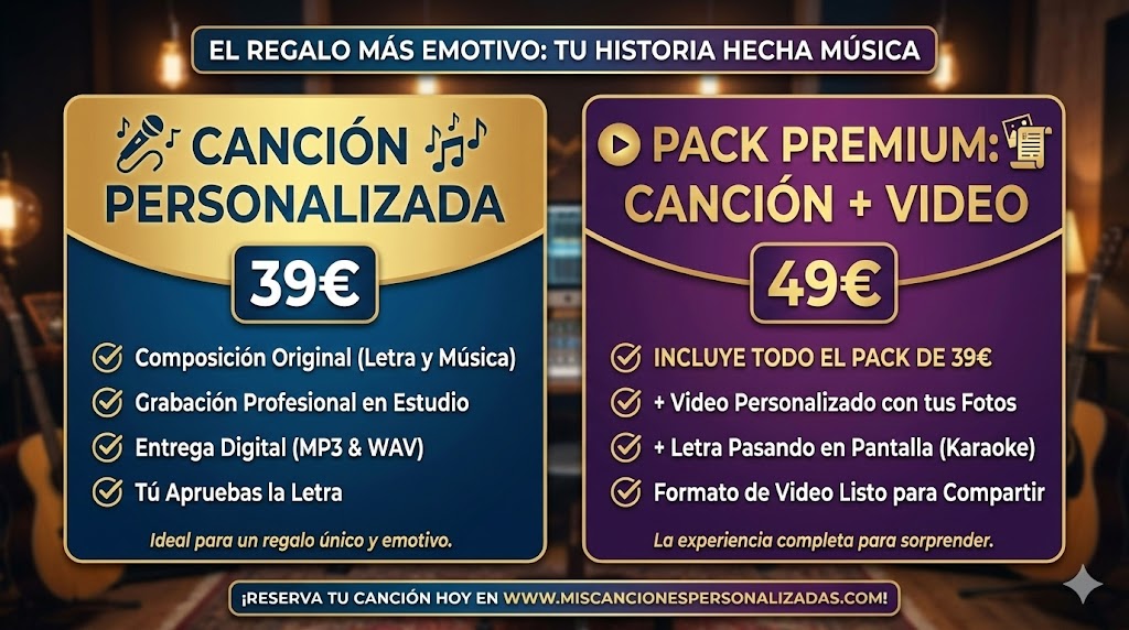 Nuestras tarifas actuales: Canción completa por 39€ o el Pack Premium con video incluido por 49€. Calidad de estudio garantizada